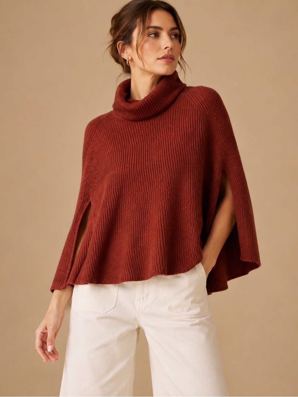 A New Day Rust Ribbed Turtleneck Cape Poncho Sweater Fall Cozy M